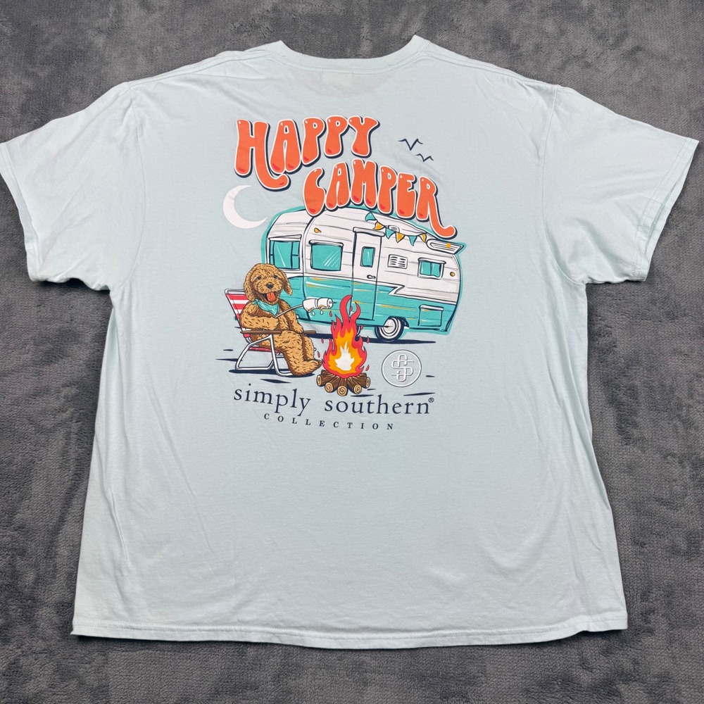 Simply Southern Happy Camper T-Shirt XL Light Blue Golden Doodle Dog Campfire